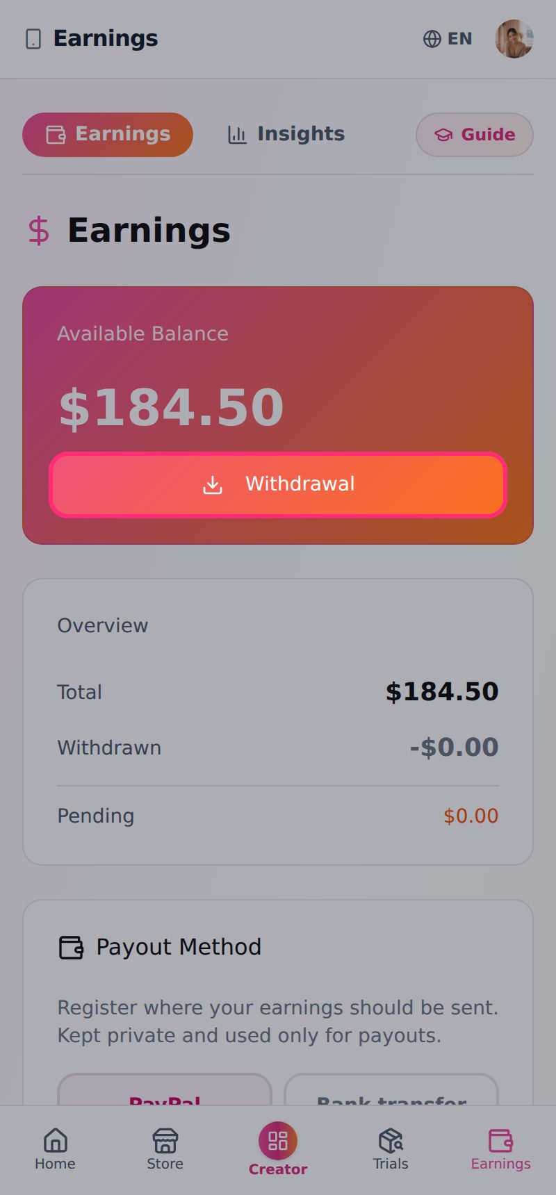 How do I withdraw my earnings? (screen 1)