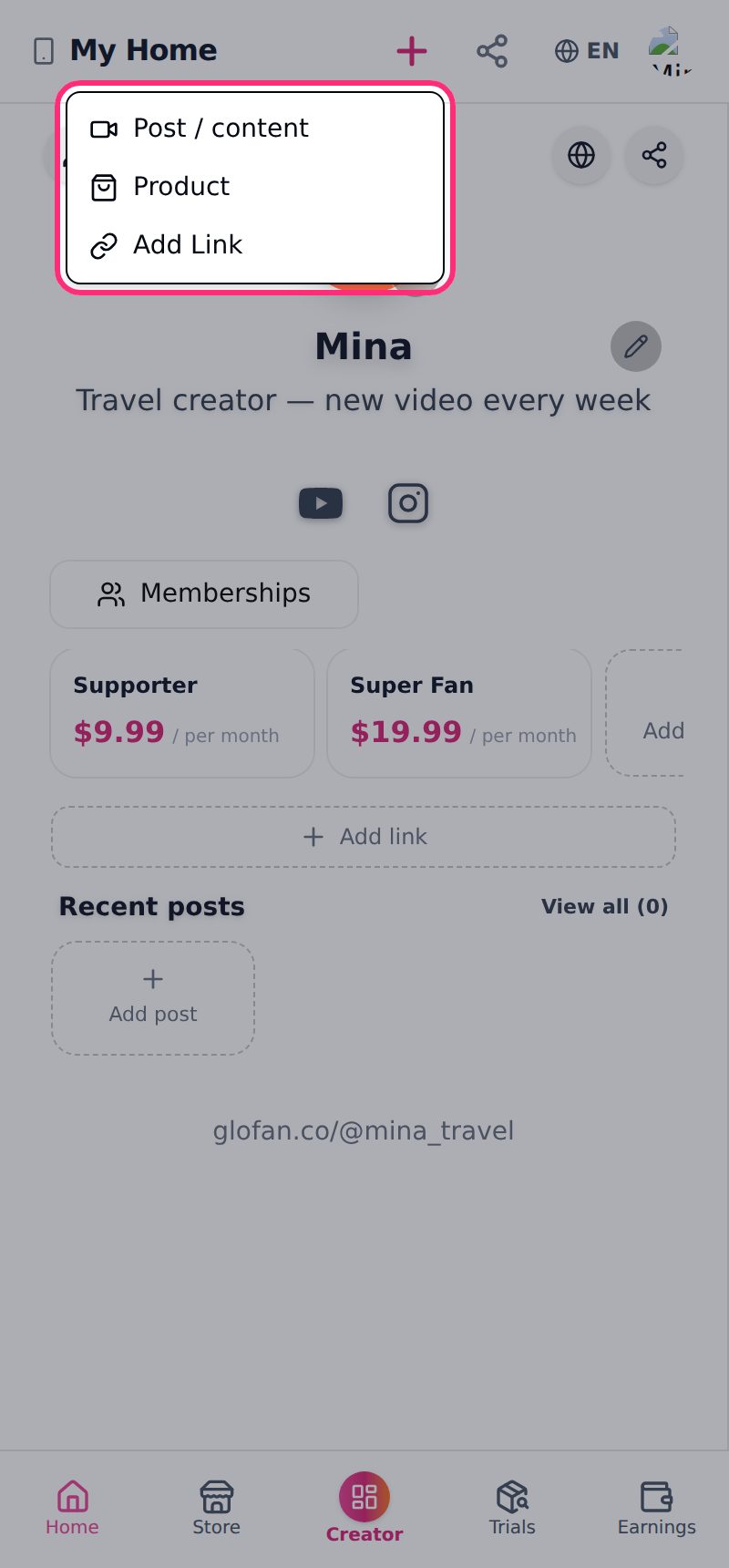 How do I add posts, products or links to my page? (screen 1)