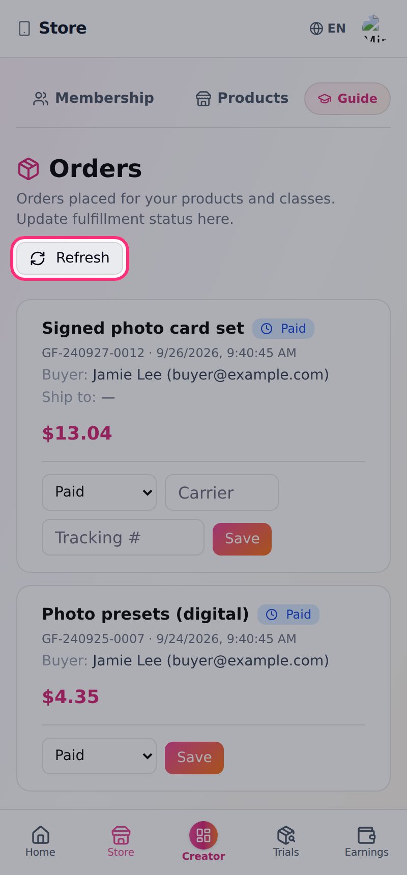 How do I handle orders? (screen 1)